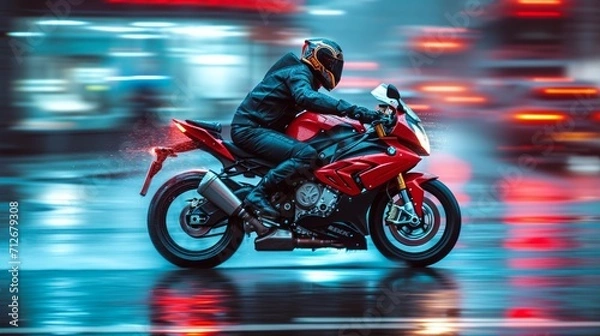 Fototapeta motor bike is racing on a normal street with blurred motion