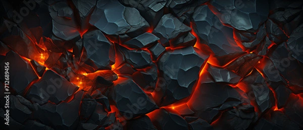 Obraz Abstract topographic pattern in charcoal and black . Ancient rock and sand formations with glowing lava fissures. Graphic resource background and wallpaper.