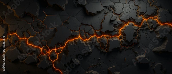 Obraz Abstract topographic pattern in charcoal and black . Ancient rock and sand formations with glowing lava fissures. Graphic resource background and wallpaper.