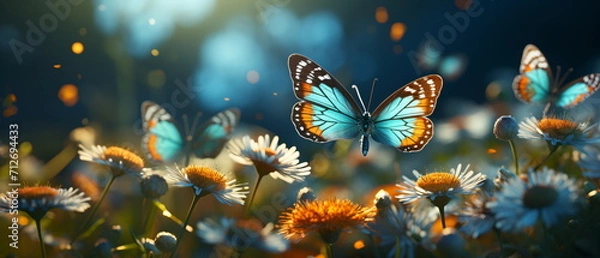 Fototapeta blossoming sakura. branch of blossoming sakura and bright blue morpho butterfly