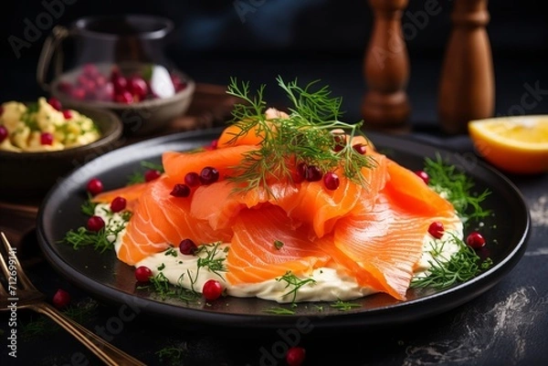 Obraz Delicious Smoked Salmon served with a Creamy and Flavorful Fish Sauce, berries and dill on plate