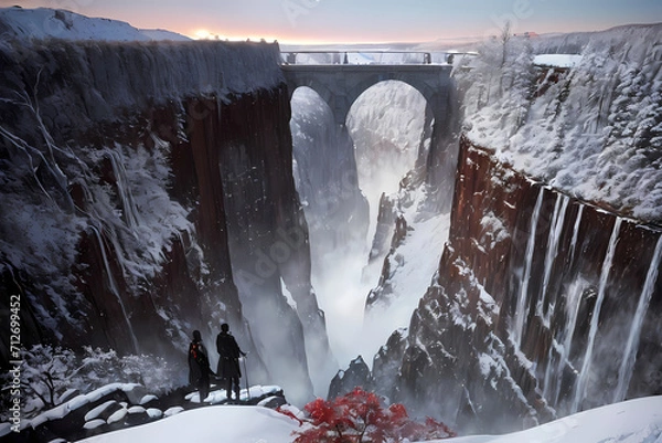 Obraz Mountain valley with snow. Generative AI.