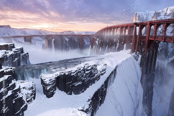 Obraz Long bridge surrounded by snow. Generative AI.