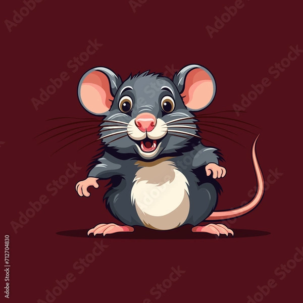 Fototapeta A cartoon character of a cheeky gray rat with wide eyes on a burgundy background that can be used either as a logo or as a children's book character