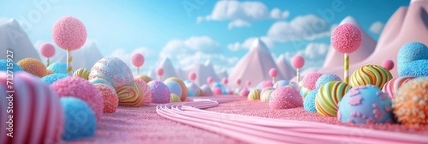 Obraz Lollylops słodkie tło Lansdcape. Scena Candyland na projekt gry lub prezentację. Render 3D. Wakacje, koncepcja urodzin.