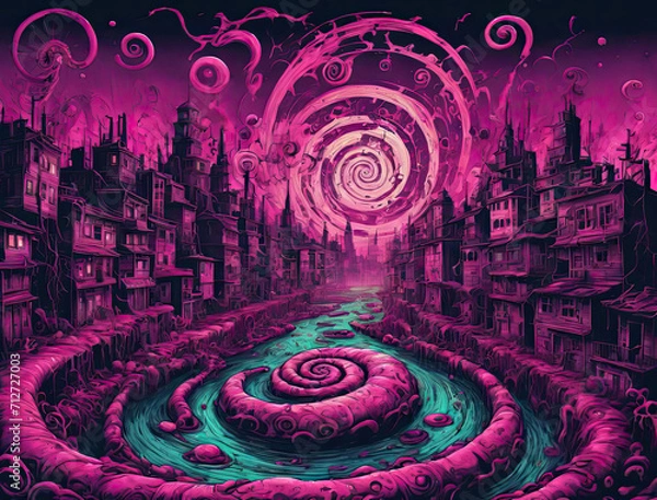Fototapeta Surreal Psychedelic Trip - Close-up spiral, water, and monster in a post-apocalyptic cityscape Gen AI