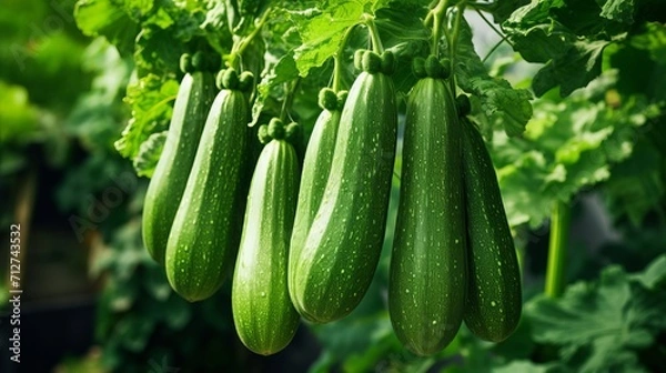 Obraz Abundant and colorful zucchini harvest growing on an open plantation on a bright summer day.