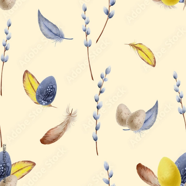 Obraz Seamless pattern. Easter theme in watercolor. Willow brunches, feathers, eggs on a pale yellow background.Good for textile, kitchen prints, towels, scrapbooking.