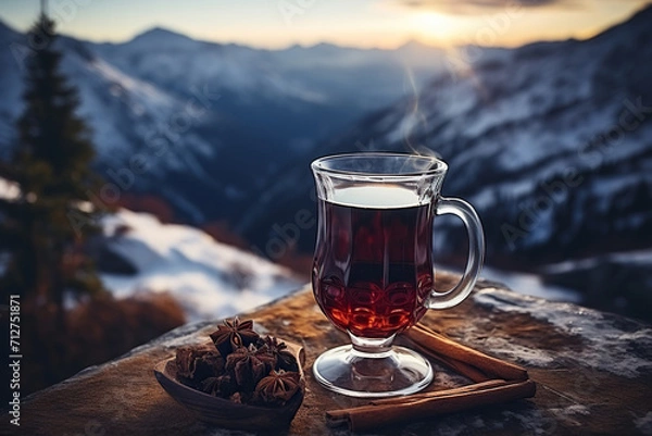 Fototapeta A glass of hot mulled wine with spices on a table overlooking the mountains. Generated by artificial intelligence