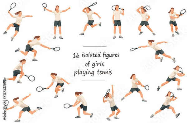 Obraz 16 isolated girls' figures of tennis players in white sportswear standing, running, rushing, jumping, hitting, serving, receiving the ball
