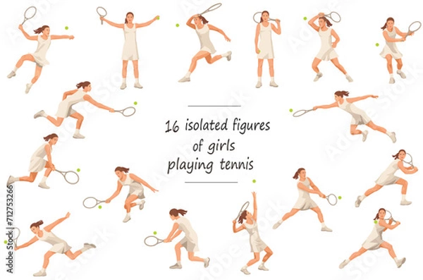 Obraz 16 isolated figures of girls tennis players in white tournament dress in various stances and grips standing, running, rushing, jumping, hitting, serving, receiving the ball