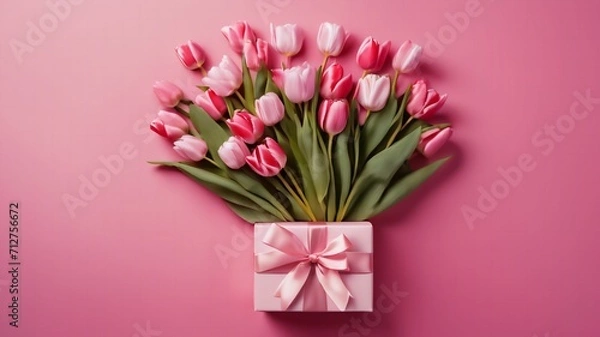 Fototapeta Mother's Day or valentine romantic concept. Top view photo giftbox with ribbon bouquet of tulips on pink background with copy space Ai generative