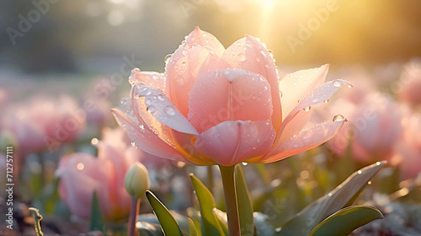 Fototapeta Closeup photo of a tulip flower bloom with water drops ai generative