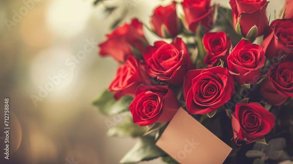 Fototapeta Bouquet of vivid red roses with a blank note, bathed in soft light