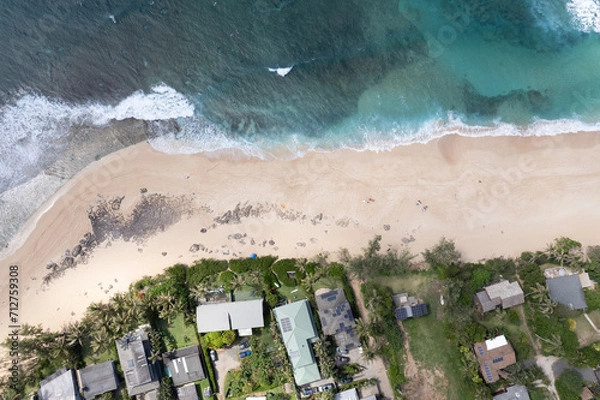 Fototapeta Aerial view of the north shore of Oahu, Hawaii, overlooking Ehukai Beach known for its large winter waves