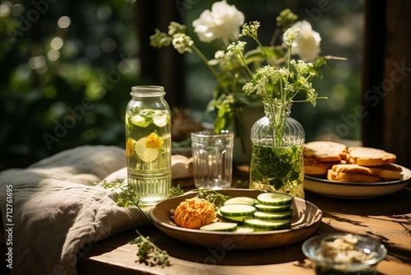 Fototapeta Summer veranda with a set table, with a glass jug and glasses with a refreshing drink, cookies, surrounded by yellow flowers and soft pillows on the sofa in the warm sunlight. Concept: eat in nature
