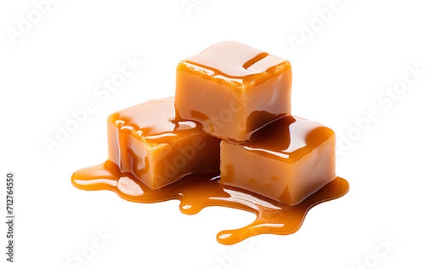 Obraz Sweet caramel candy cubes topped with caramel sauce on white background.