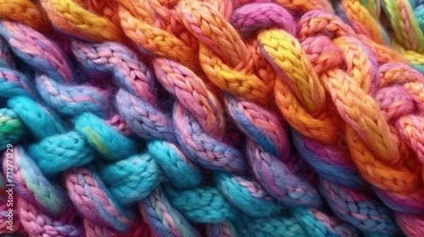 Fototapeta Knitted texture of colorful wool threads close-up. Texture of a colorful knitted sweater. Realistic large colorful knitting 3D background. Collection of knitted backgrounds. Generative ai.