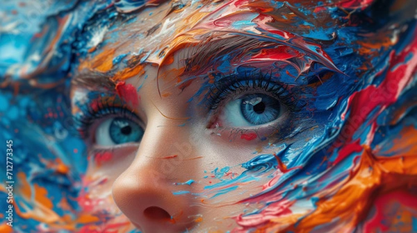 Fototapeta Captivating image portraying a close up woman's face. Mesmerizing fusion of colorful paint splashes.  Captivating gaze Harmony of the composition, emotionally resonant artwork. 