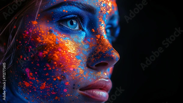 Obraz Urzekający obraz przedstawiający twarz kobiety. Hipnotyzujące fuzję kolorowych plamy farb. Urzekający harmonia kompozycji, emocjonalnie rezonansowe dzieła sztuki.