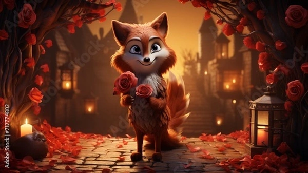 Fototapeta A cartoon of a fox and a character standing on a flowery road Ai generated art