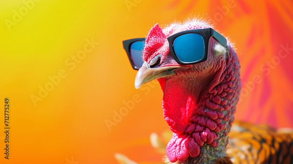 Fototapeta cool Funny turkey wearing sunglasses in studio with a colorful and bright background. AI Generative