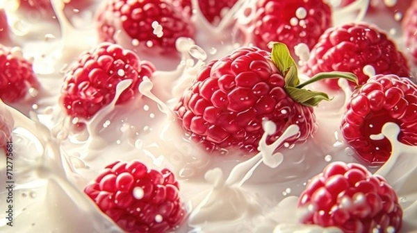 Fototapeta Close up of fresh raspberries with milk. Healthy yogurt, berry milkshake or smoothie food background