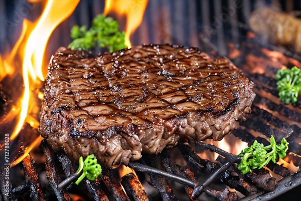 Fototapeta Grilling steak over an open flame for a smoky flavor. Watching the steak sizzle and smoke rising. Juicy steak ready for your plate. Cooking, flame, steak concept.