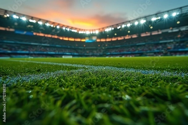Obraz Macro Close-Up of Grass in a Football Stadium. Soccer Field Pitch CloseUp. Generative AI.