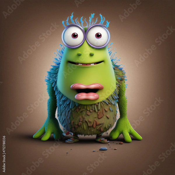 Fototapeta An evil virus character with a comical expression. Symbolizing diseases, contamination and bad hygiene. 3D animation style. Infection, danger, humor concept.