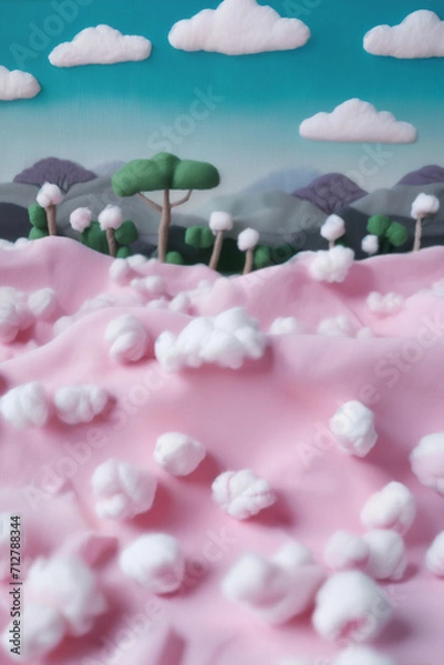 Fototapeta A landscape of soft, sugary colors, with whimsical shapes and clouds of candy. A pastoral vision of a fantasy world, sweet and inviting. Magical, dreamy, playful concept.