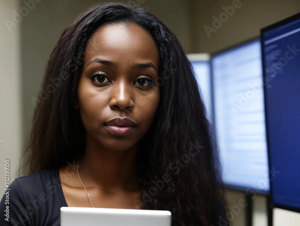 Fototapeta Black middle aged software developer woman in a room of illuminated monitors. Intelligence, progress, productivity concept.