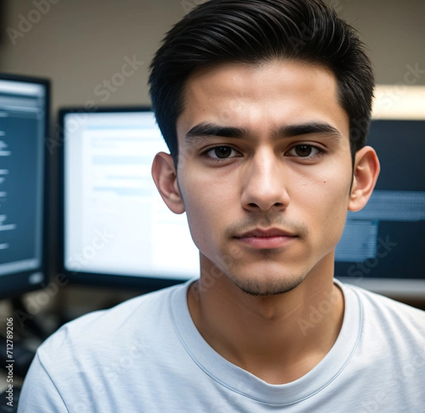 Fototapeta Portrait of hispanic hacker man in front of glowing screens. Creativity, innovation, collaboration concept.