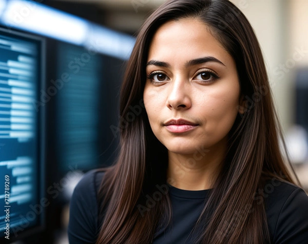 Fototapeta Hispanic middle aged software engineer woman surrounded by computers. Efficiency, development, optimization concept.