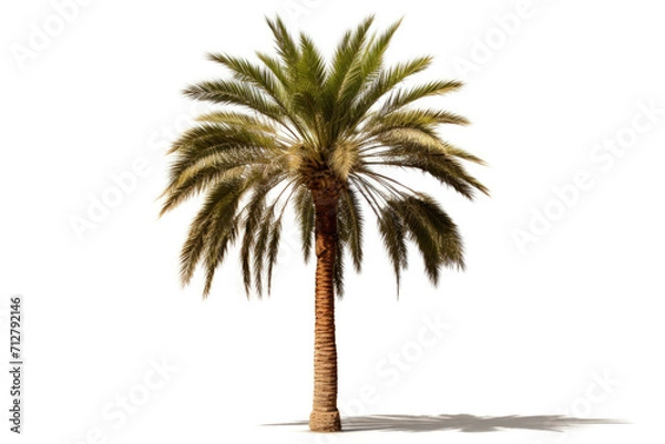 Fototapeta A mature palm tree with its tall trunk and long fronds, isolated on white background