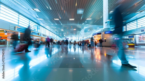 Obraz a busy airport terminal with people walking around, motion blurred photo