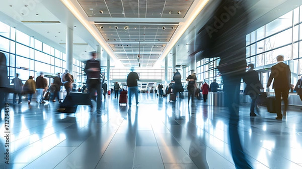 Obraz a busy airport terminal with people walking around, motion blurred photo