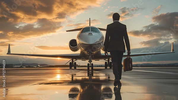 Obraz a man walking towards a private jet airplane preparing to board