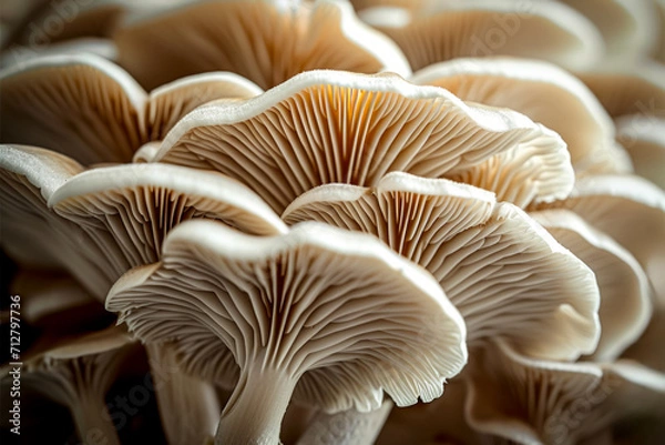 Obraz Mycelium with mushrooms, bottom view. Background with selective focus and copy space