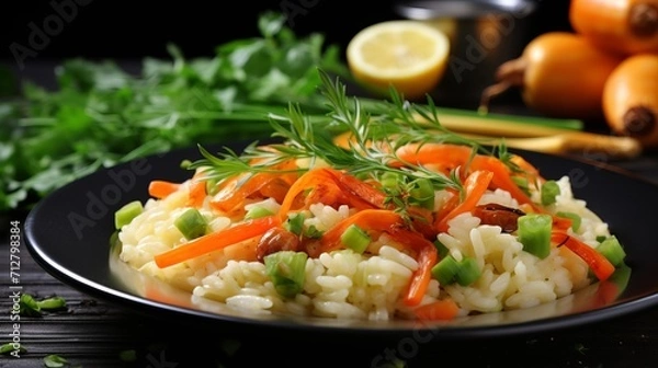 Fototapeta Close up of delicious risotto with fresh spring carrots and leeks in white plate