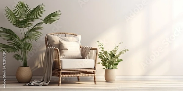Fototapeta Minimalistic living room with a stylish rattan armchair, palm leaf, plaid, beige macrame, flowers, and elegant accessories. Wall in eucalyptus color.