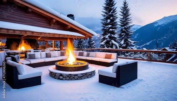 Obraz Outdoor fireplace fire pit in a snowy setting on a restaurant terrace in the mountains in a ski resort. Winter holiday and travel concept.