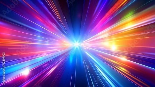 Fototapeta Abstract flight in retro neon hyper warp space in the tunnel, high speed wave lines and flare lights backgrounds.