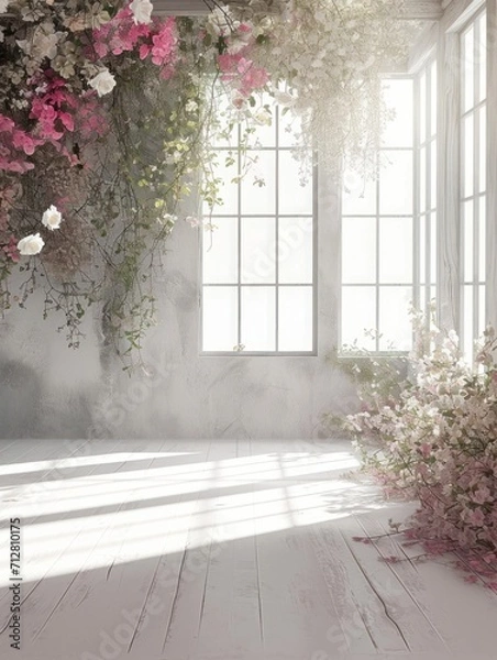 Fototapeta Elegant Floral Arrangement Around Window with Natural Light in Dreamy Interior