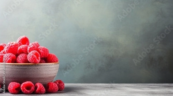 Fototapeta A bowl of fresh raspberries on a textured surface. copy space text