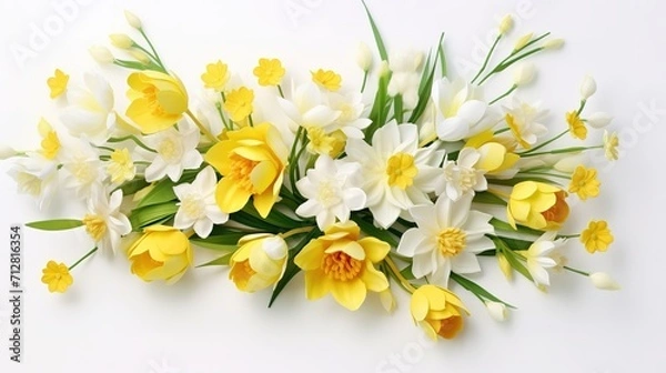 Fototapeta yellow tulips and white daffodils on a white background generative ai