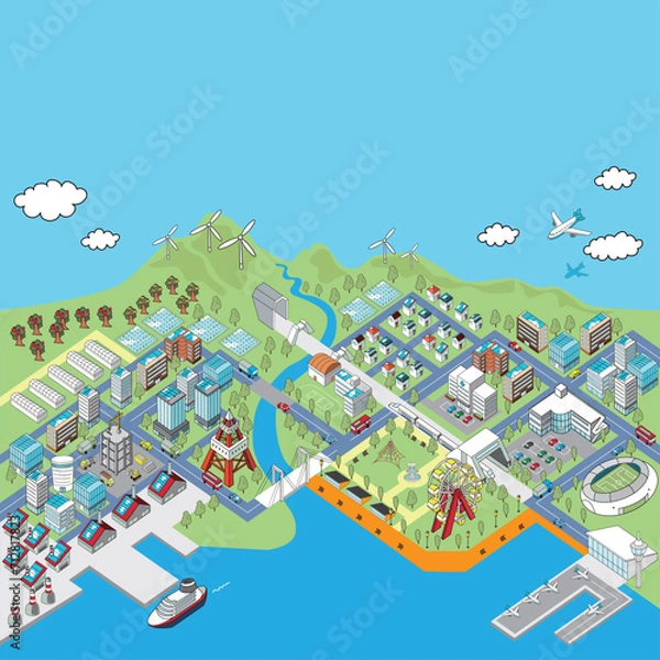 Obraz アイソメトリック・港町の俯瞰イラスト（フルカラー）