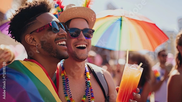 Fototapeta Pride parade celebration with cute smiling couple dressed in lots of rainbow colors 