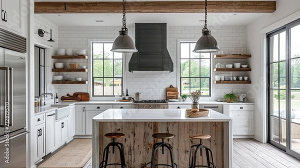 Fototapeta modern farmhouse with natural Scandinavian design elements of bright white open flow kitchen with large island