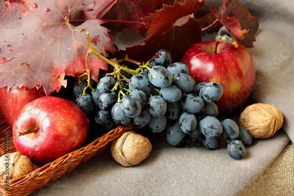Obraz Bunch of grapes, apples and nuts.